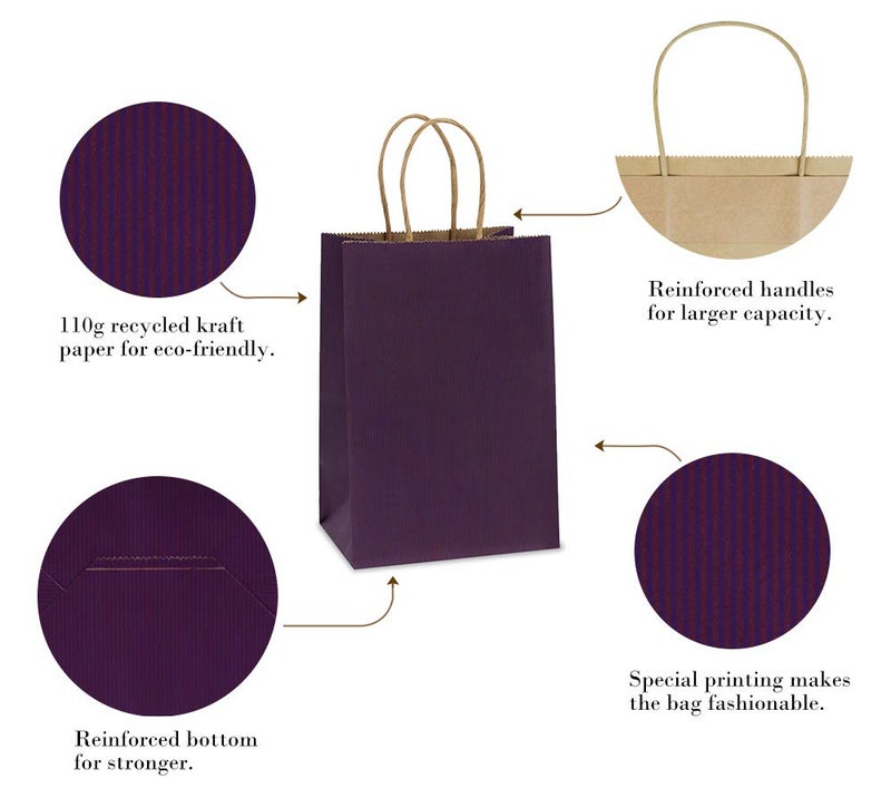 BagDream Gift Bags 100Pcs 5.25x3x8 Small Kraft Paper Gift Bags with Handles Bulk, Purple Paper Sacks for Small Business, Retail, Merchandise, Grocery, Wedding Birthday Party favor - Image 3